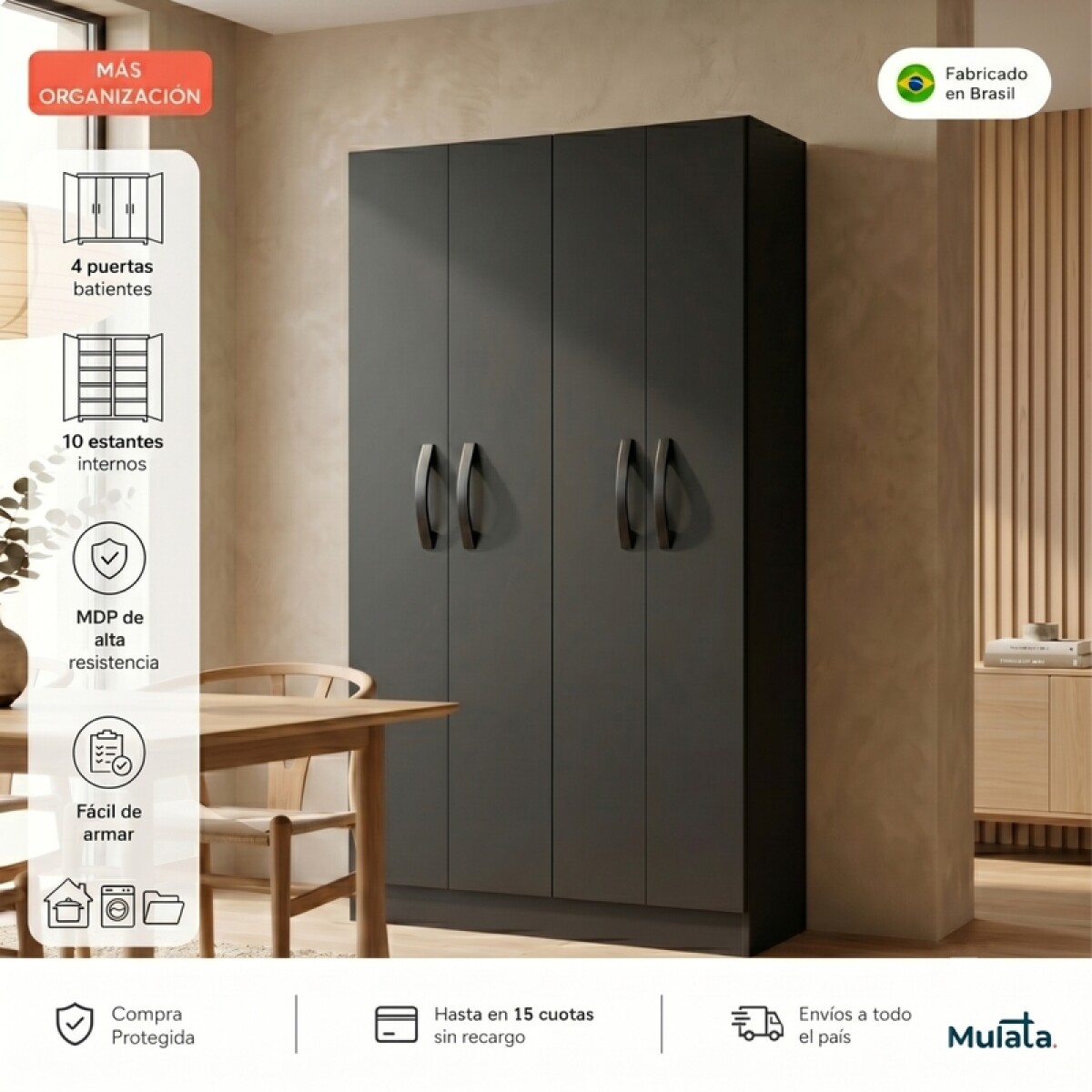 Mueble Multiusos Organizador Ropero de 10 Estantes con 4 Puertas - 170x 89 x 31,5 cm - Negro 