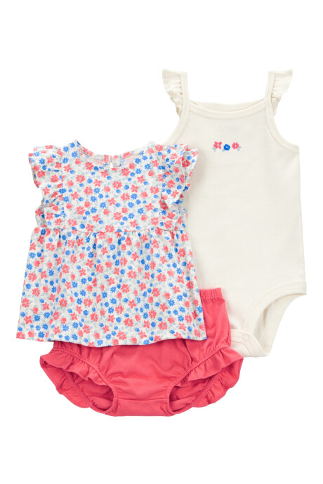 Set tres piezas de algodón, short, musculosa y body, diseño floral Sin color