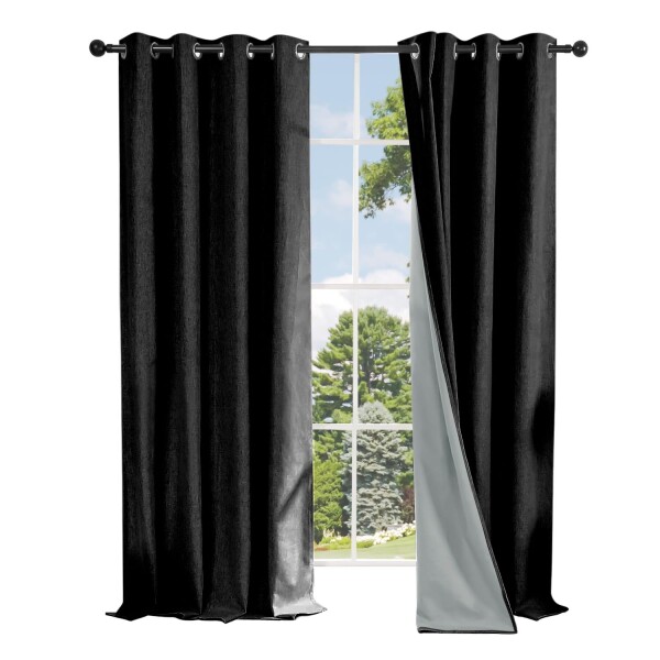 Cortina Blackout 100% Engomada Termica Set 2 Paños Tipo Lino Color Variante Negro
