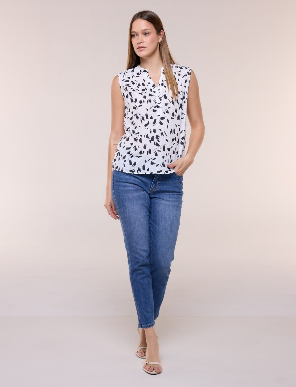 Blusa De Gasa Con Botones BLANCO/NEGRO