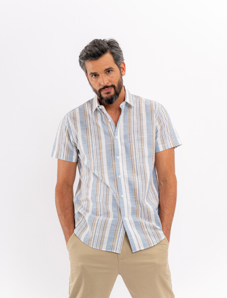 Camisa m/c efecto lino rayada azul/beige