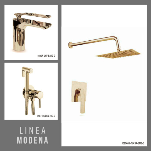 JUEGO COMPLETO DE GRIFERIA COLOR ORO DORADO, INCLUYE LAVATORIO BAJO, DUCHA EMBUTIDA Y DUCHA HIGIENICA MODENA 000