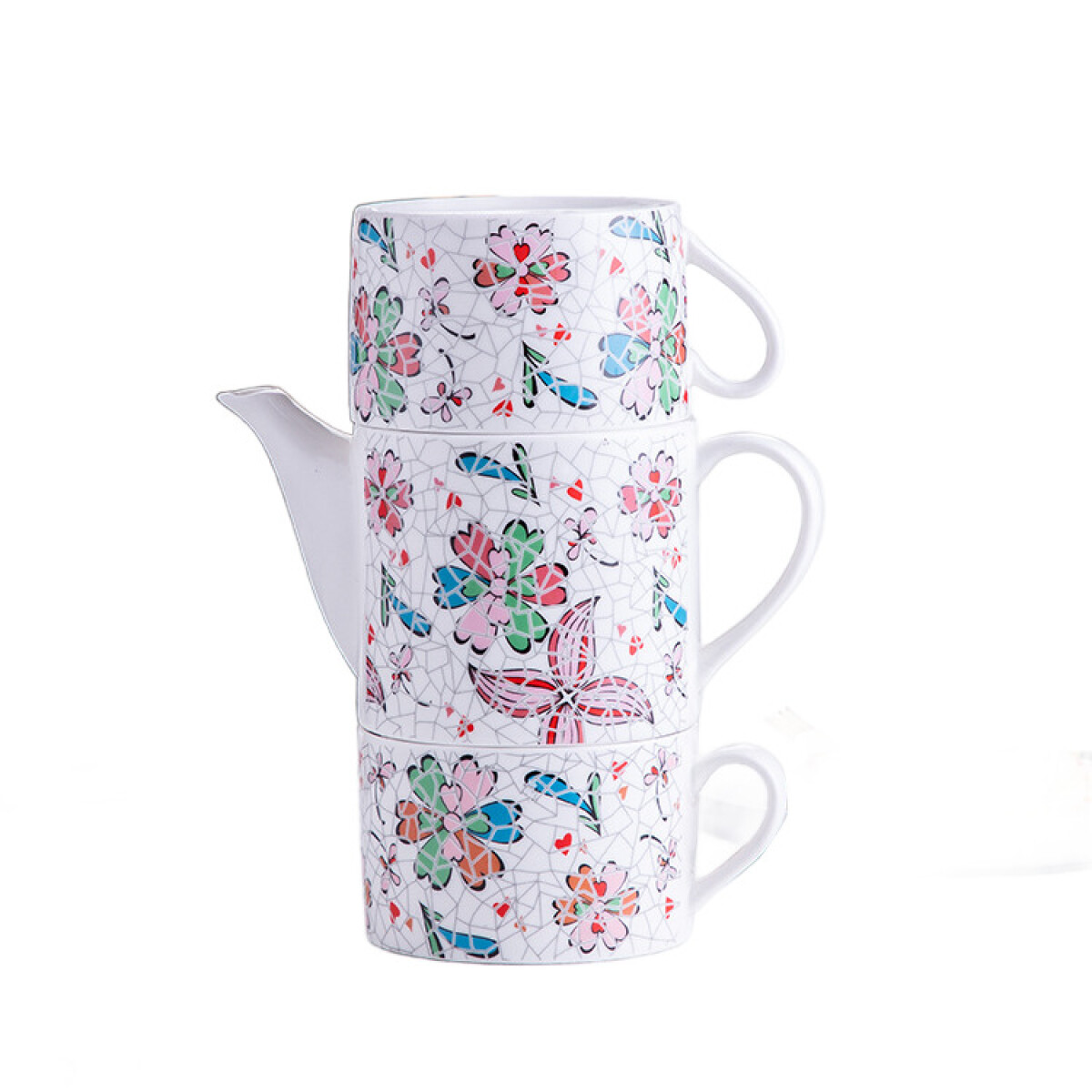 Juego De Té Mosaico - Flores Rosa 