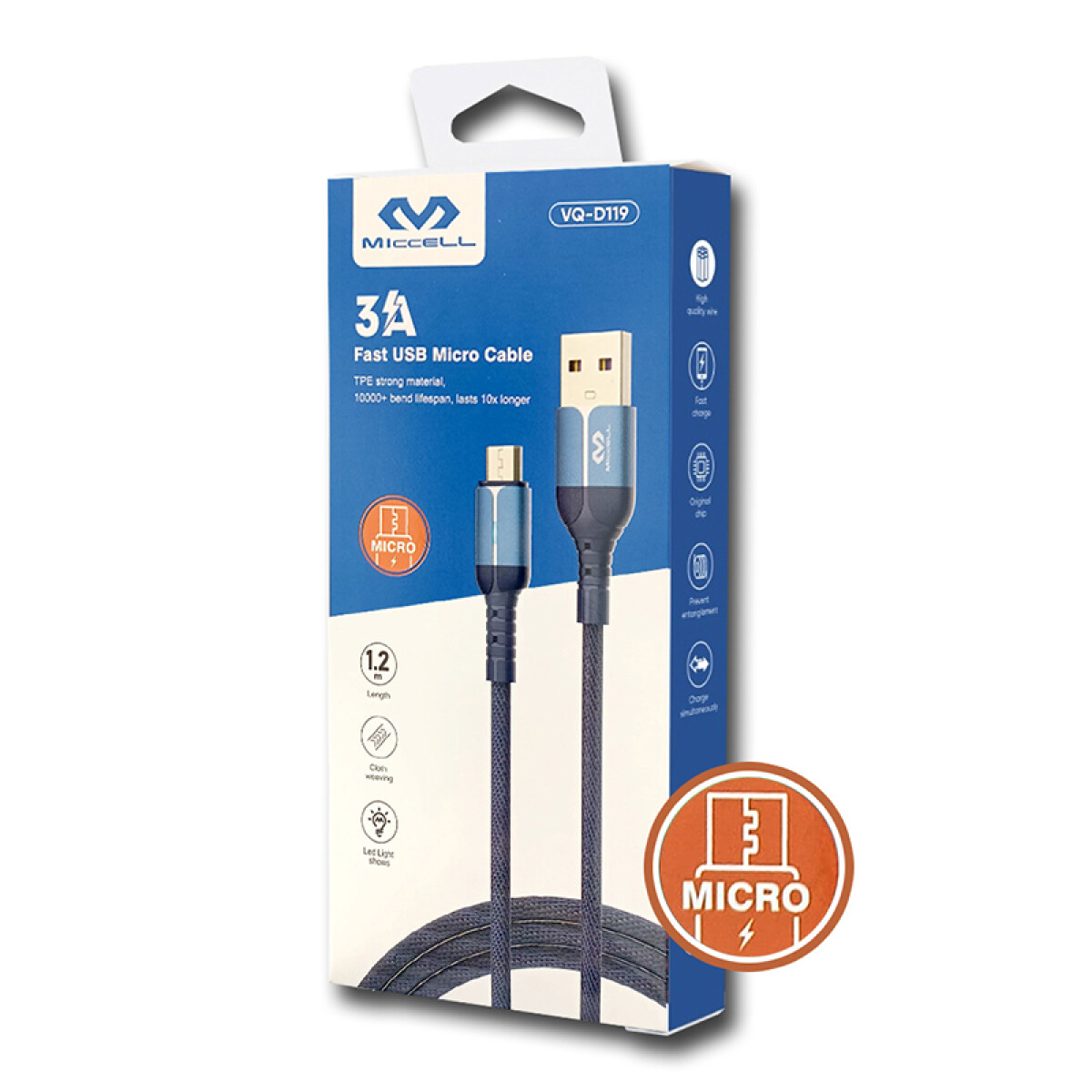 Cable USB a Micro USB 1.2m Miccell reforzado carga ràpida - Unica 