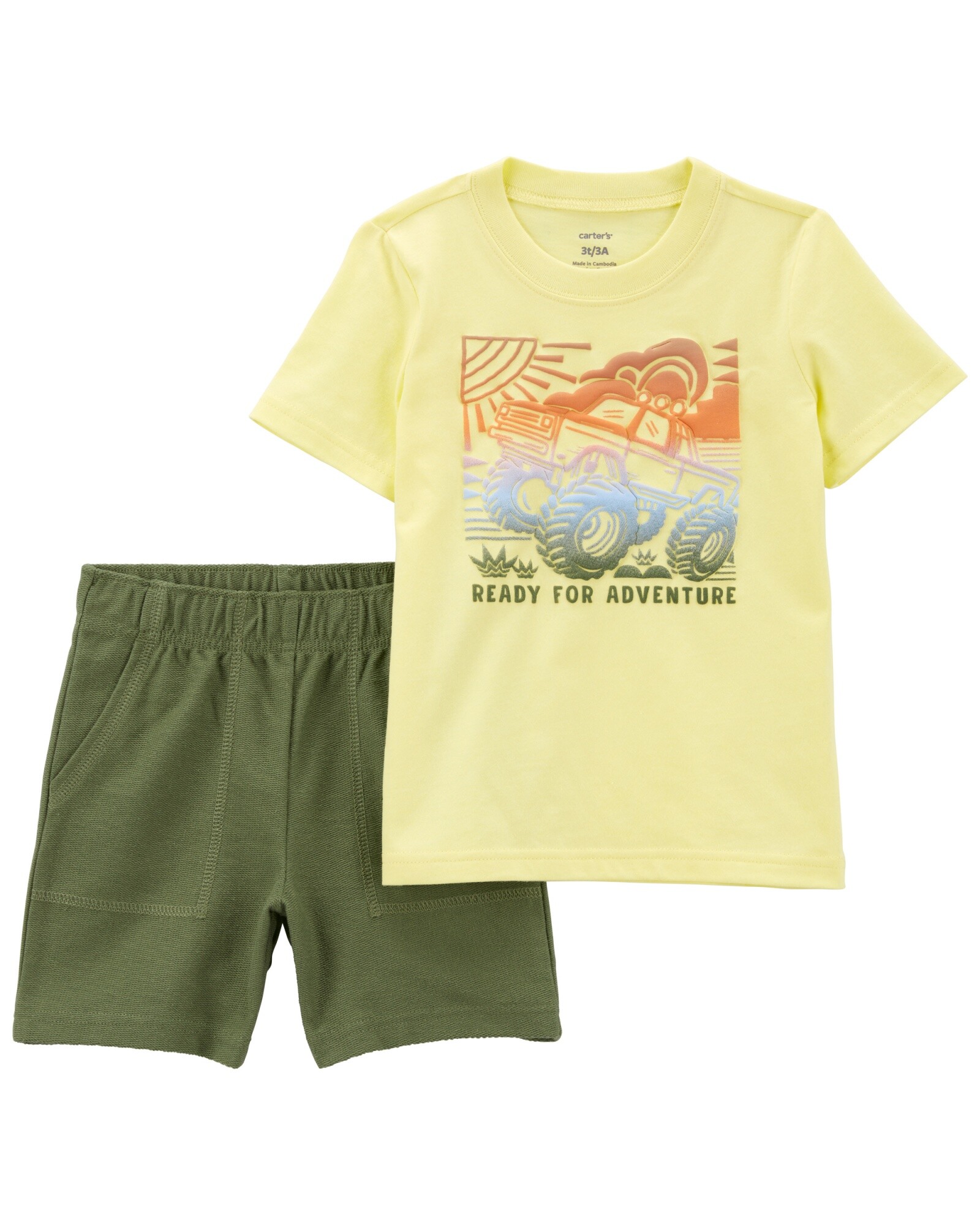 Set dos piezas de algodón, short y remera estampa Monster Truck Sin color