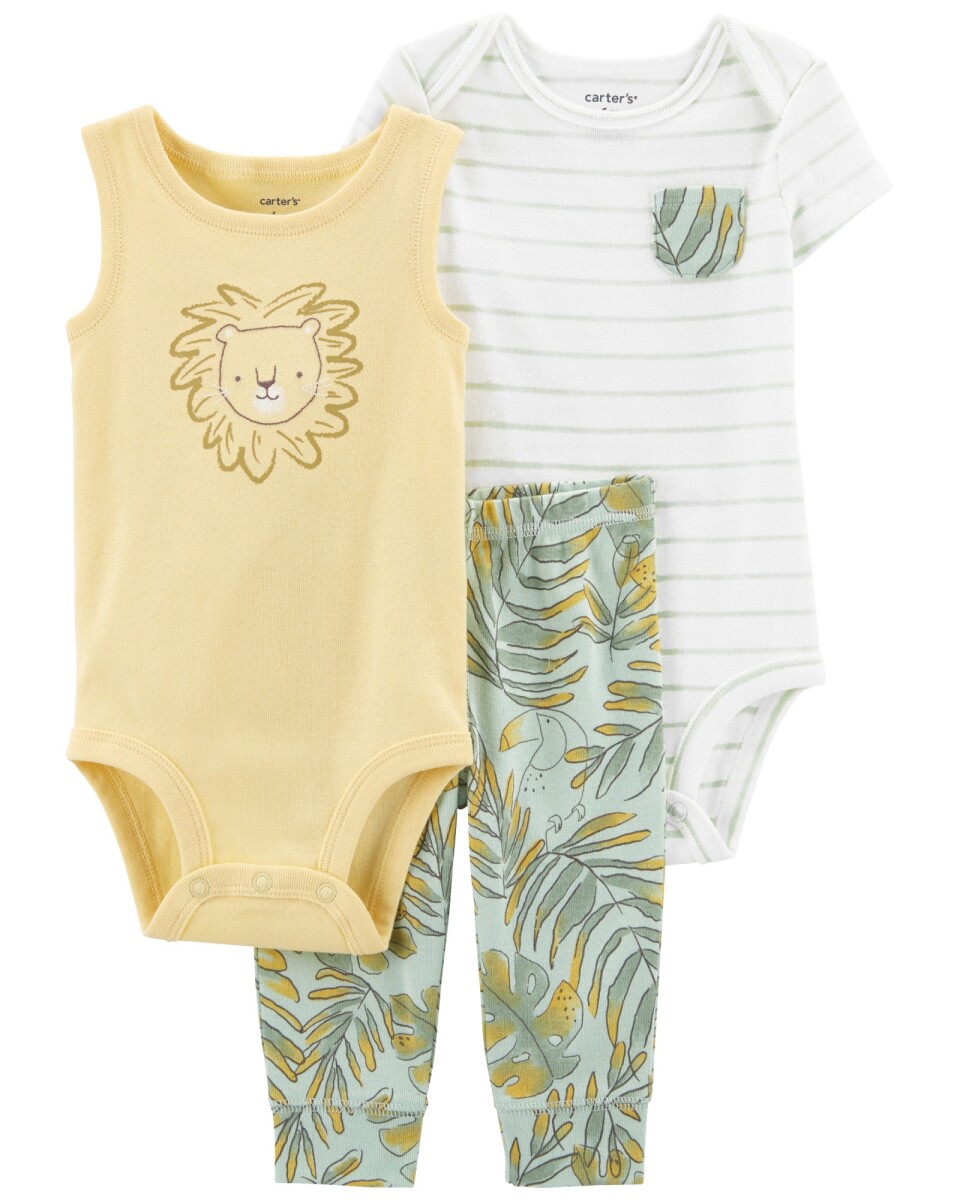 Set tres piezas pantalón y dos bodies de algodón diseño león 