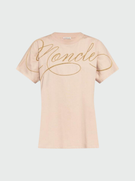 Moncler - Camiseta de Algodón con Logotipo en Cursiva Bordado Celeste