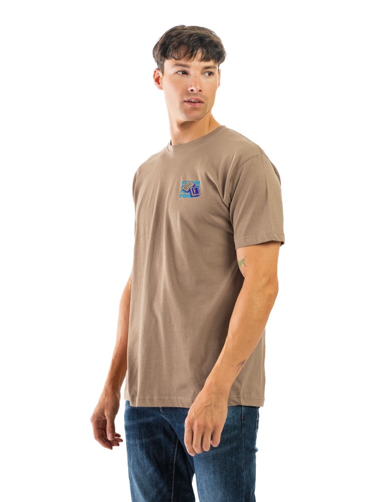 Remera Algodón Estampada Cuello Redondo Beige y Azul