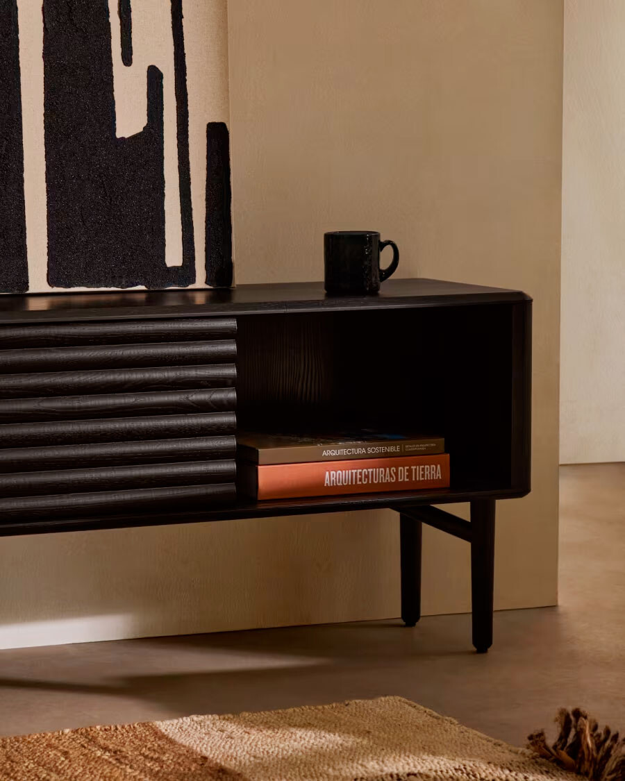 Mueble TV Lenon 200 x 57 cm de madera maciza y chapa de roble negro