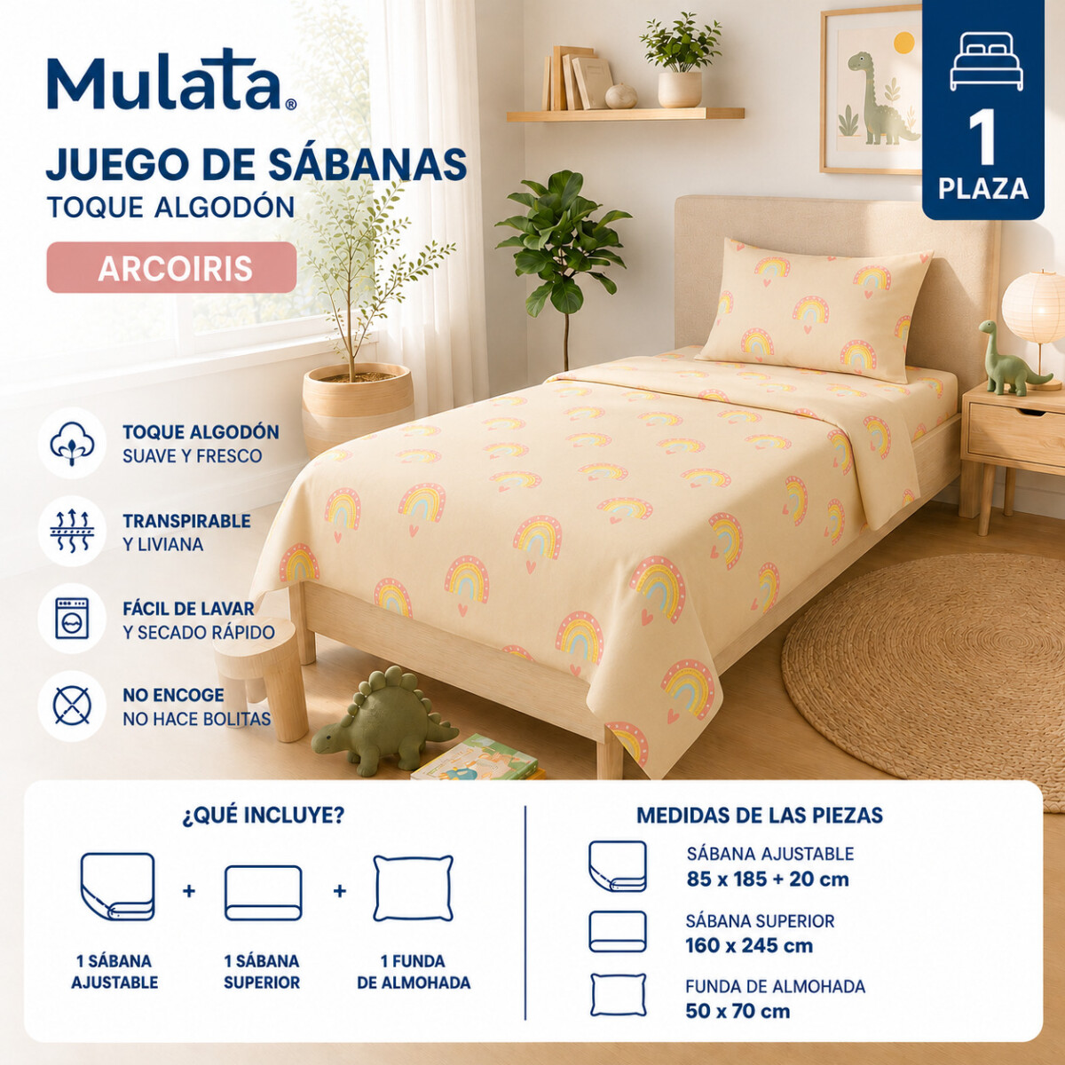 Juego De Sabanas 1 Plaza Toque Algodón Sommier Infantil - Arcoiris 