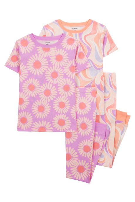 Pijama cuatro piezas de algodón, dos pantalones y dos remeras, diseño margaritas. Talles 6-10 Sin color