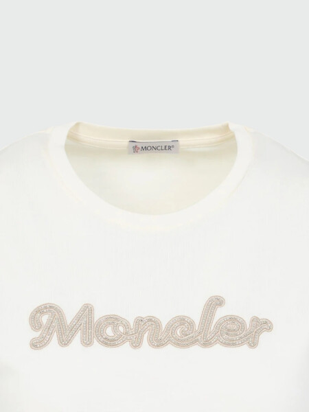 Moncler - Camiseta de Algodón con Logotipo Bordado con Perlas Blanco