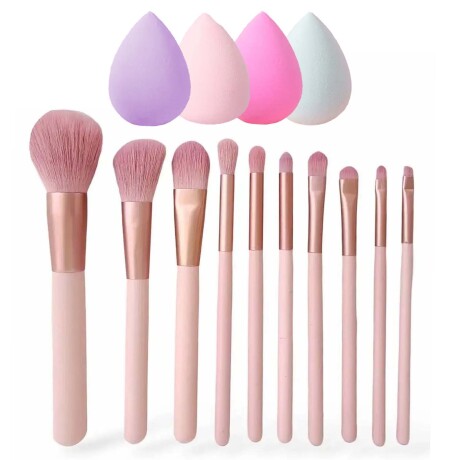 Set Maquillaje 10 Brochas y Pinceles c/ Estuche + Esponjas Rosa