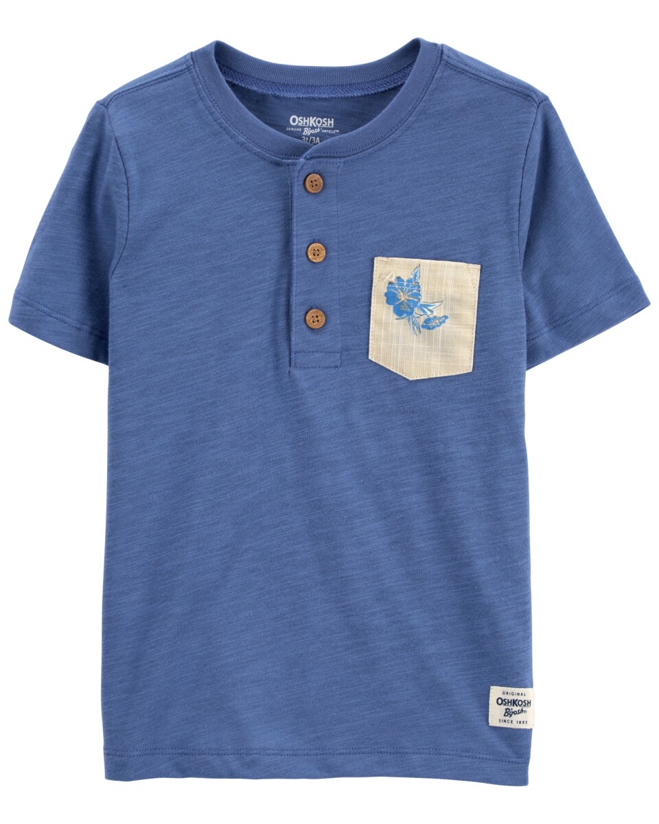 Remera henley de algodón, manga corta, con bolsillo 
