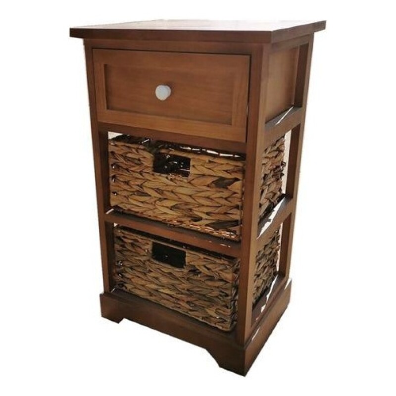 Mueble Selecta en madera con 1 cajón y 2 cestos de mimbre Jacinto de agua Marrón