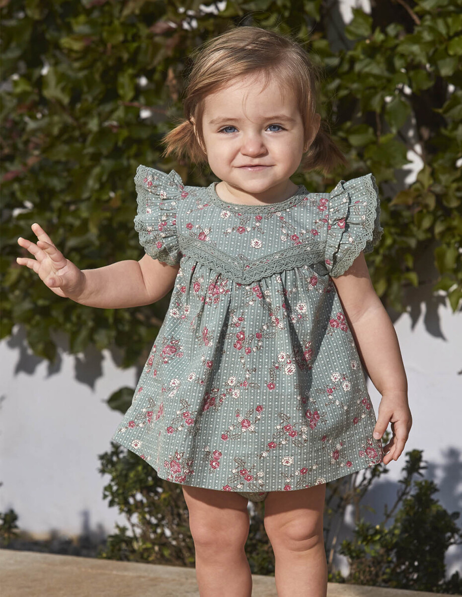 Vestido Estampado De Flores Con Tiras Bordadas - Verde 