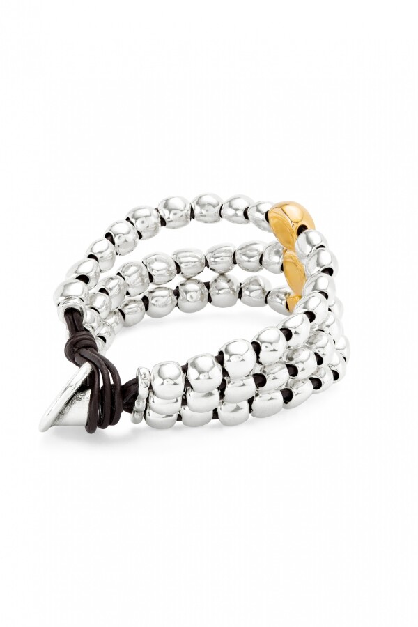 PULSERA DE TRES TIRAS DE CUENTAS DE ALEACIÓN DE METALES BAÑADAS EN PLATA DE LEY Y BOLA EN ORO 18K Pulsera