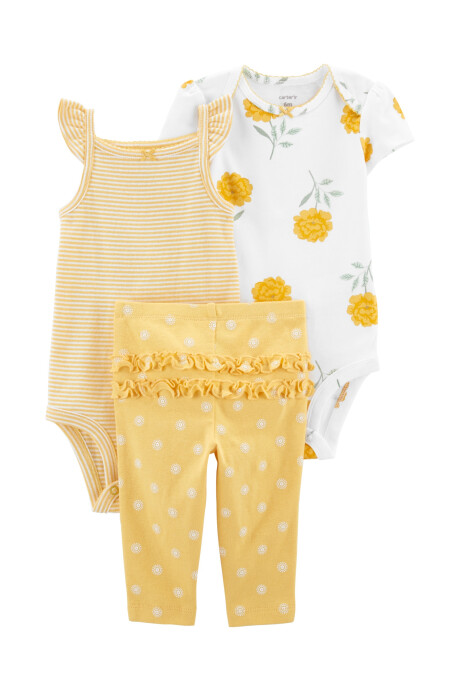 Set tres piezas pantalón y dos bodies de algodón diseño floral Set tres piezas pantalón y dos bodies de algodón diseño floral