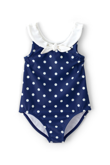 Malla de baño 1 pieza con protección UPF 50+, azul marino, diseño lunares. Talles 2-5T Malla de baño 1 pieza con protección UPF 50+, azul marino, diseño lunares. Talles 2-5T
