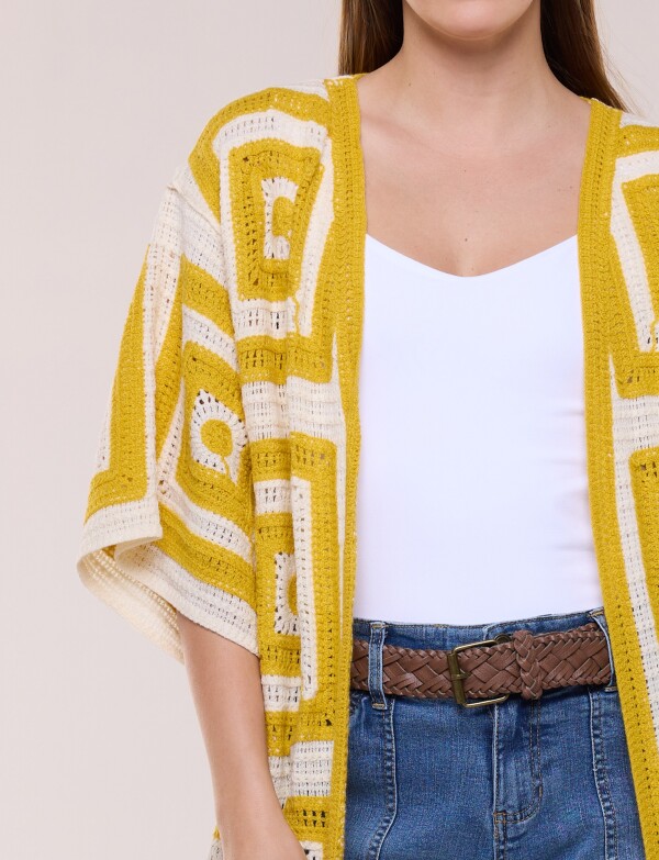 Cardigan Largo Crochet Mangas Kimono MOSTAZA