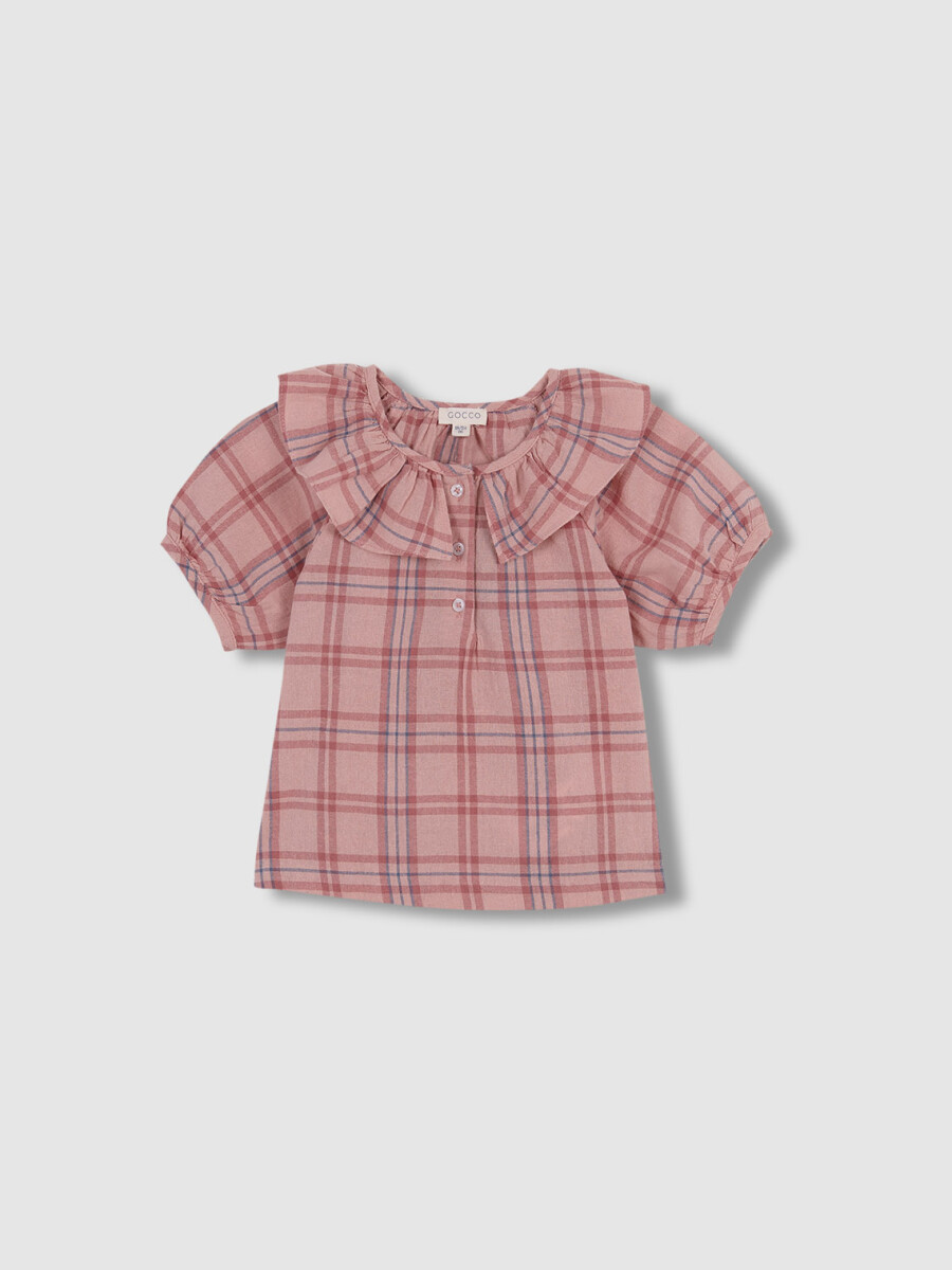 Camisa Cuadros Manga Globo Coral Oscuro