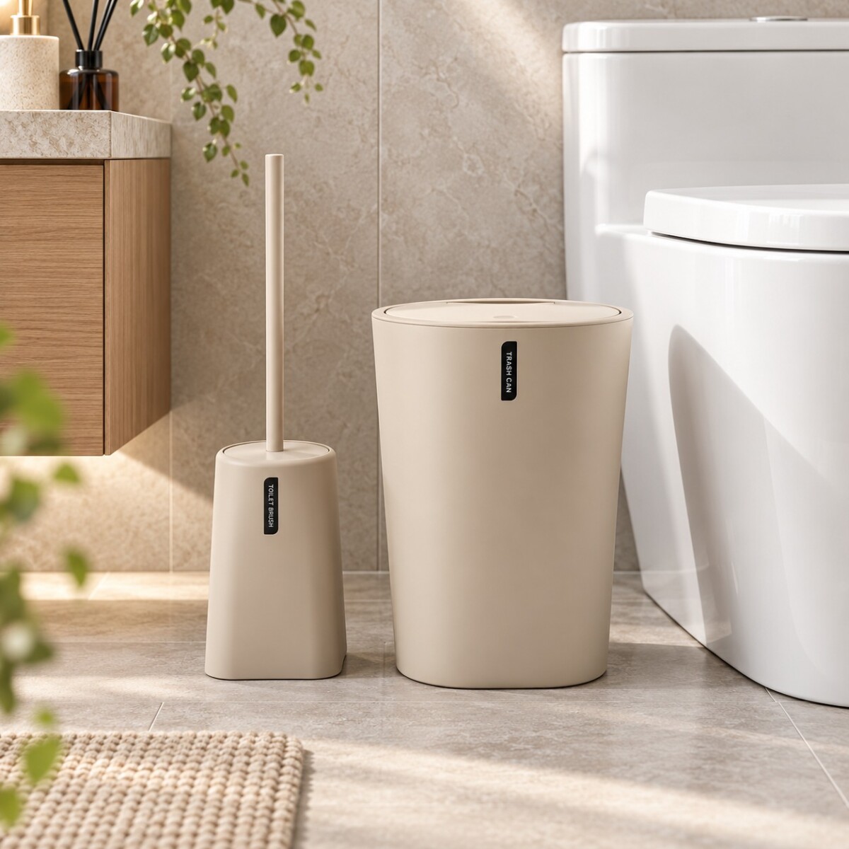 Set de Baño 2 Piezas con Papelera y Cepillo para Inodoro de Plástico - Beige 