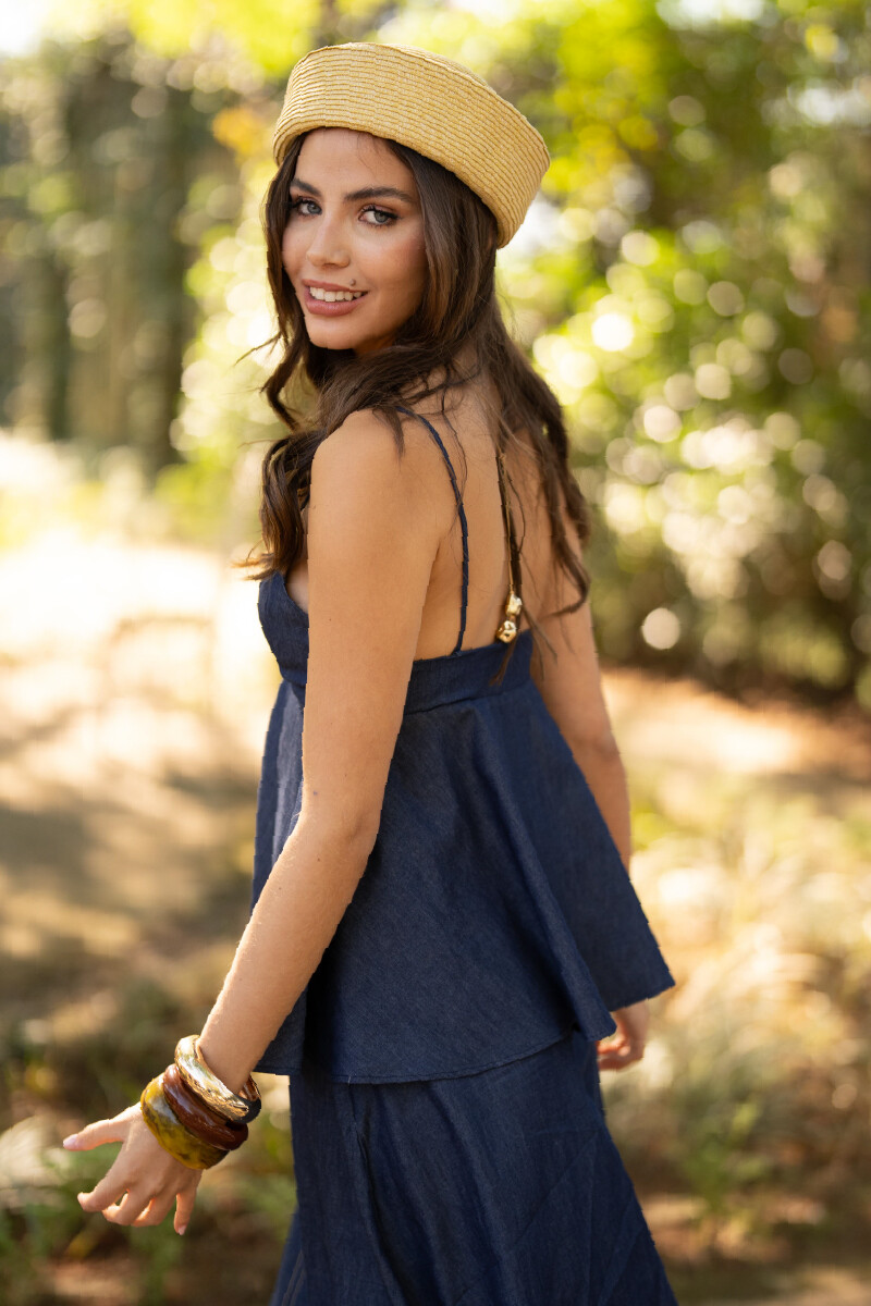 BLUSA C650/25 CON TIRAS ESCOTE V CUERPO ACAMPANADO Azul