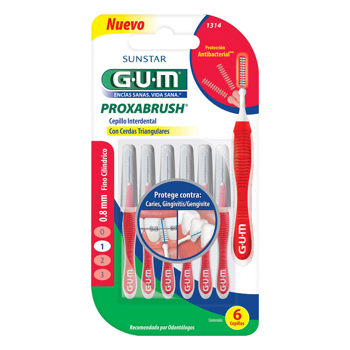 GUM INTERDENTALES MEDIANO FINO CILÍNDRICO CON MANGO FLEXIBLE 0.8mm N°1314 4 UNIDADES 