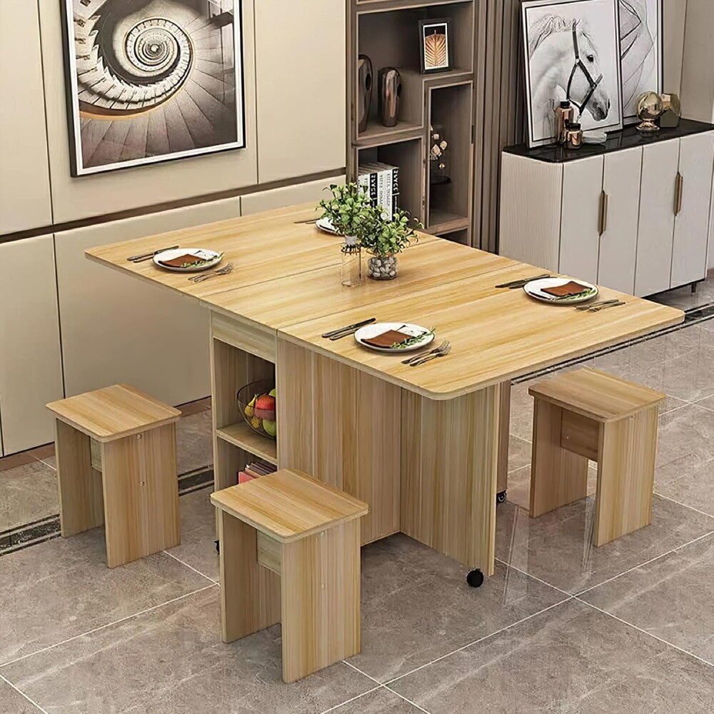 Mesa Plegable Giratoria Con 4 Bancos madera claro