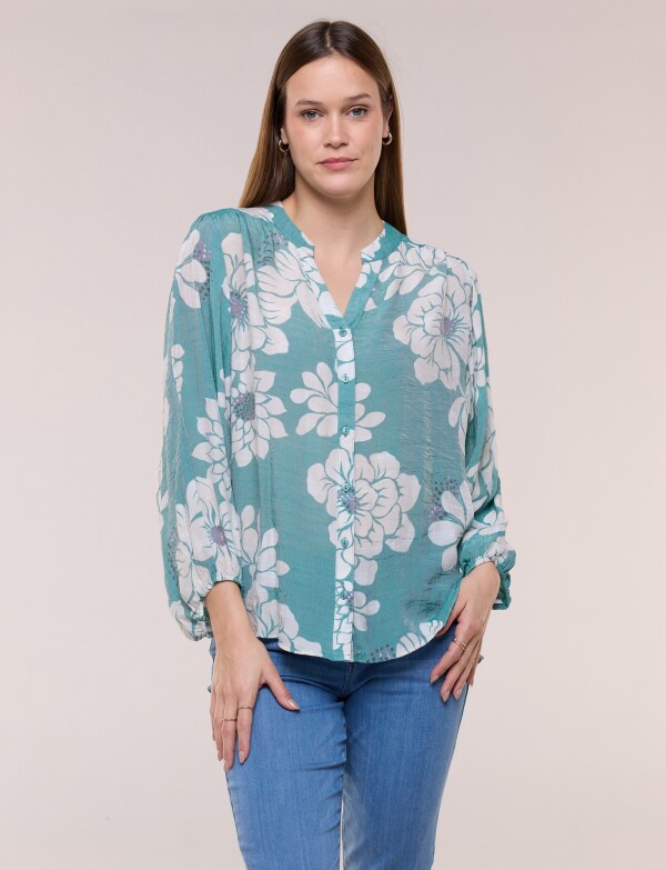 Blusa Crinkle Holgada Con Escote V VERDE/MULTI