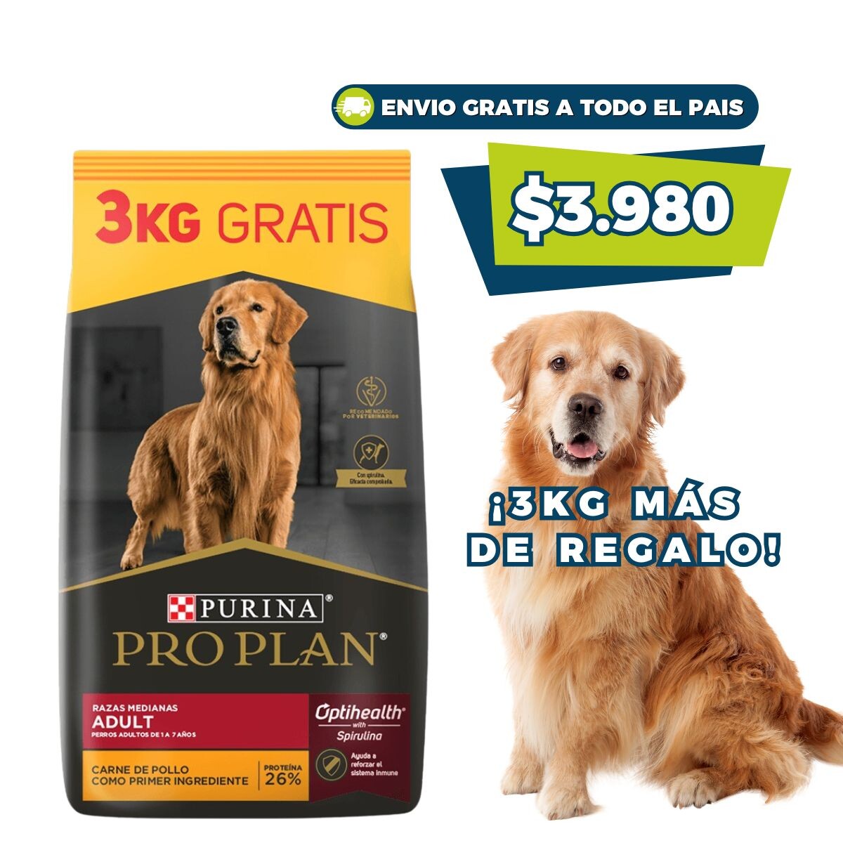 PRO PLAN ADULTO RAZA MEDIANA 15 KG + 3 KG 