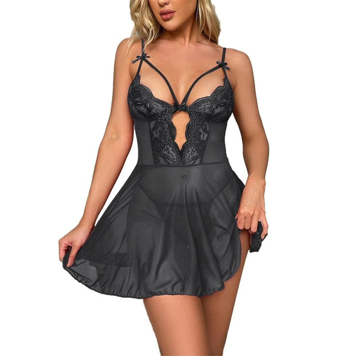 Babydoll Encaje con Tanga - Negro 