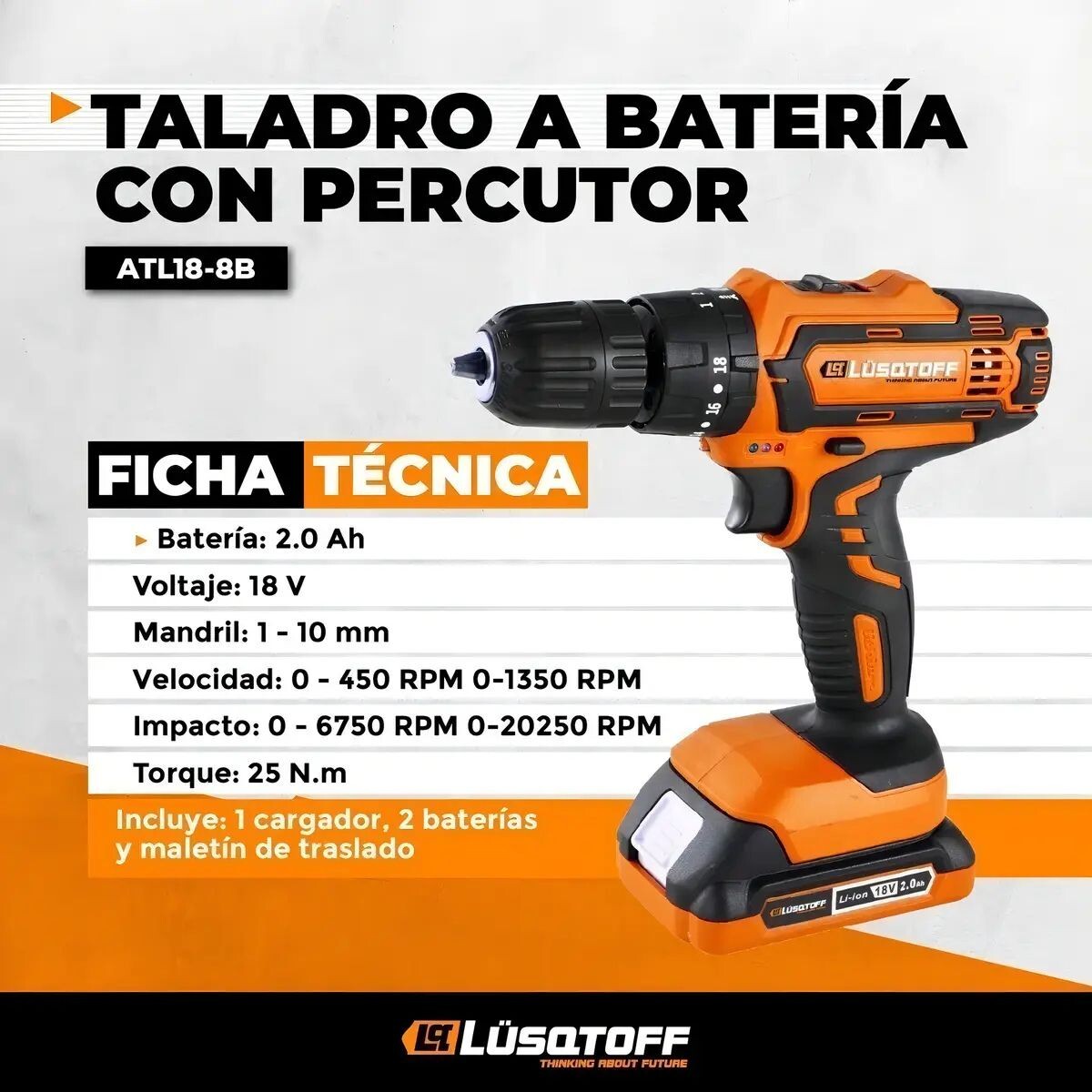 TALADRO PERC A BATERIA 10MM C/2 BAT 2,0AMP+ CARG+ACC LUSQTOF Taladro Perc A Bateria 10mm C/2 Bat 2,0amp+ Carg+acc Lusqtof