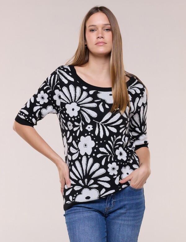 Buzo Tejido Manga Corta Con Estampado Floral NEGRO/GRIS