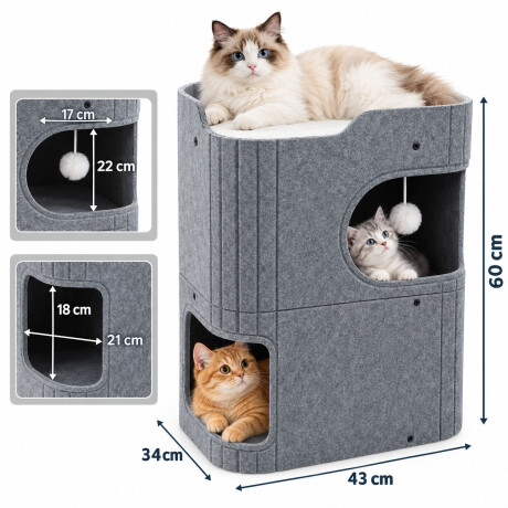 Casa Para Gatos 3 Pisos De Tela Con Cuevas Y Pompón Gris