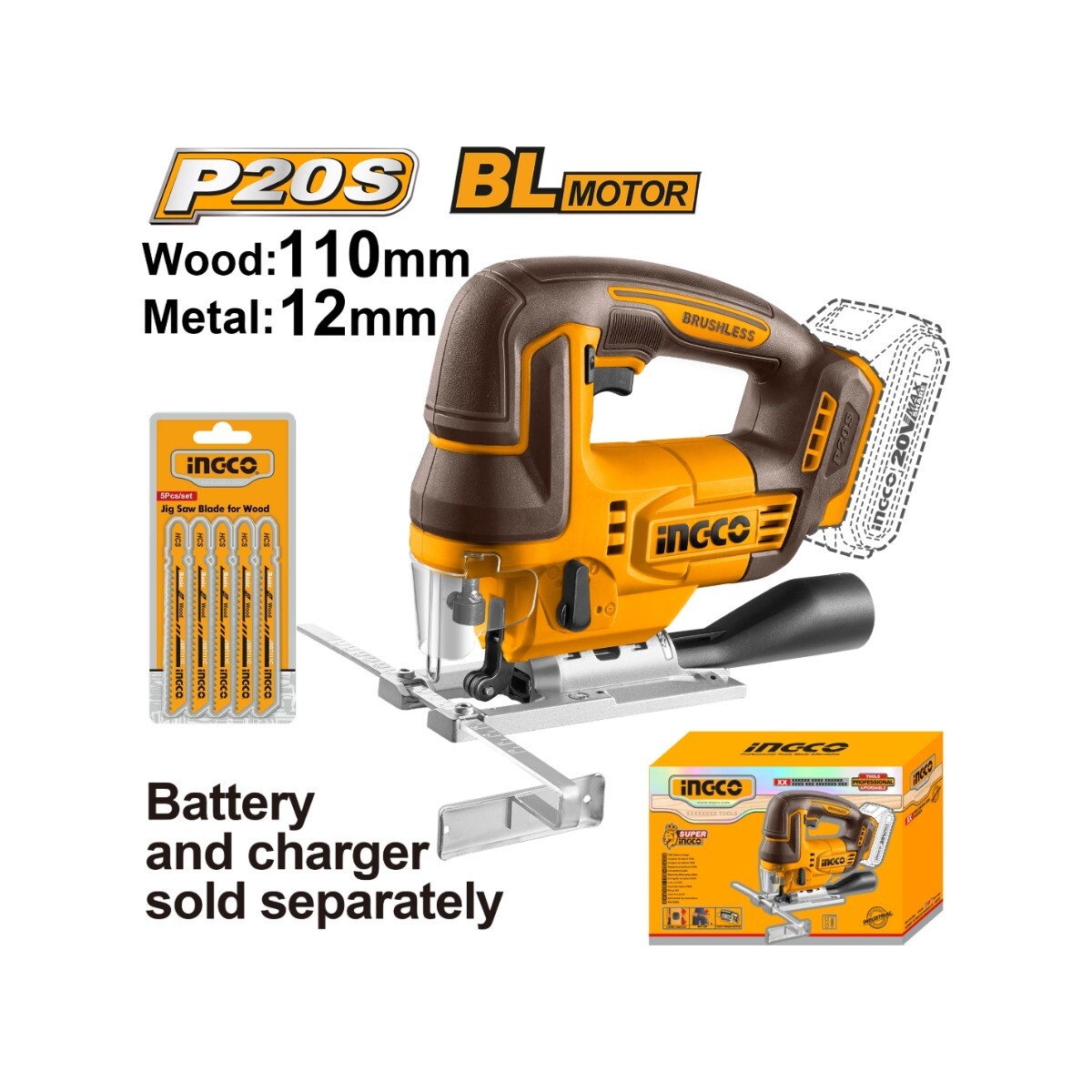 Sierra Caladora Inalámbrica INGCO CJSLI1008 20V Brushless con 5 Hojas sin Batería 