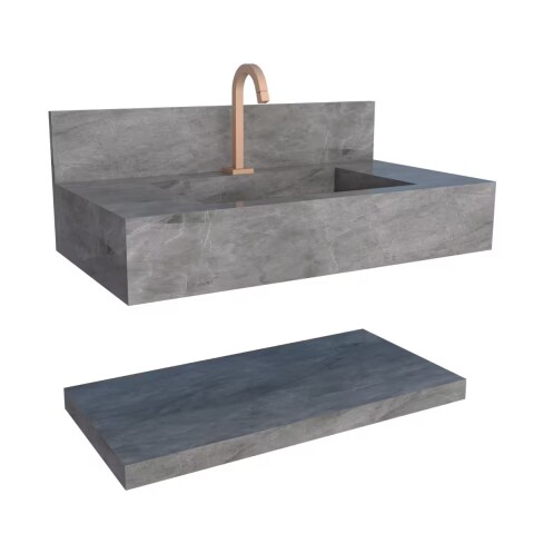 Mueble de baño suspendido de porcelanato gris 84 cm con bacha incorporada y estante flotante Mueble De Baño Suspendido De Porcelanato Gris 84 Cm Con Bacha Incorporada Y Estante Flotante