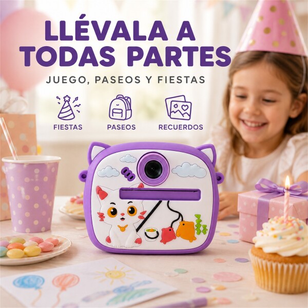 Cámara Infantil Instantánea Gatito con Doble Lente y Selfie Violeta