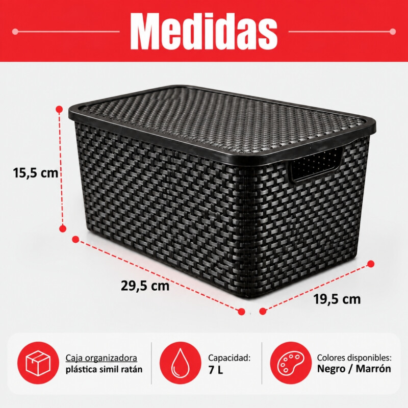 Set x3 caja simil ratán 7 lts NEGRO