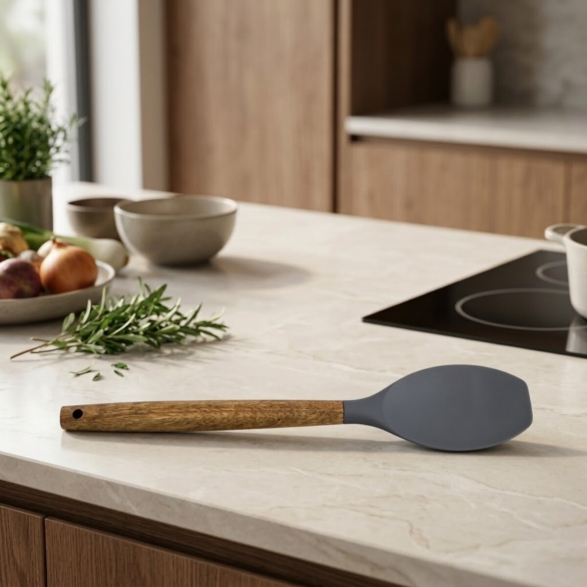 Cuchara silicona Recta 31cm mango Acacia - GRIS 
