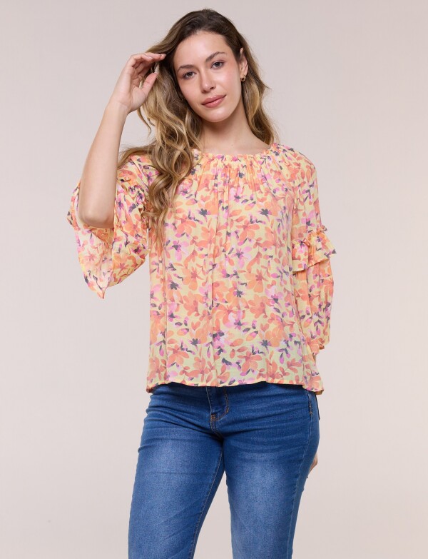 Blusa Holgada Con Escote Fruncido MULTI/ANARANJADO