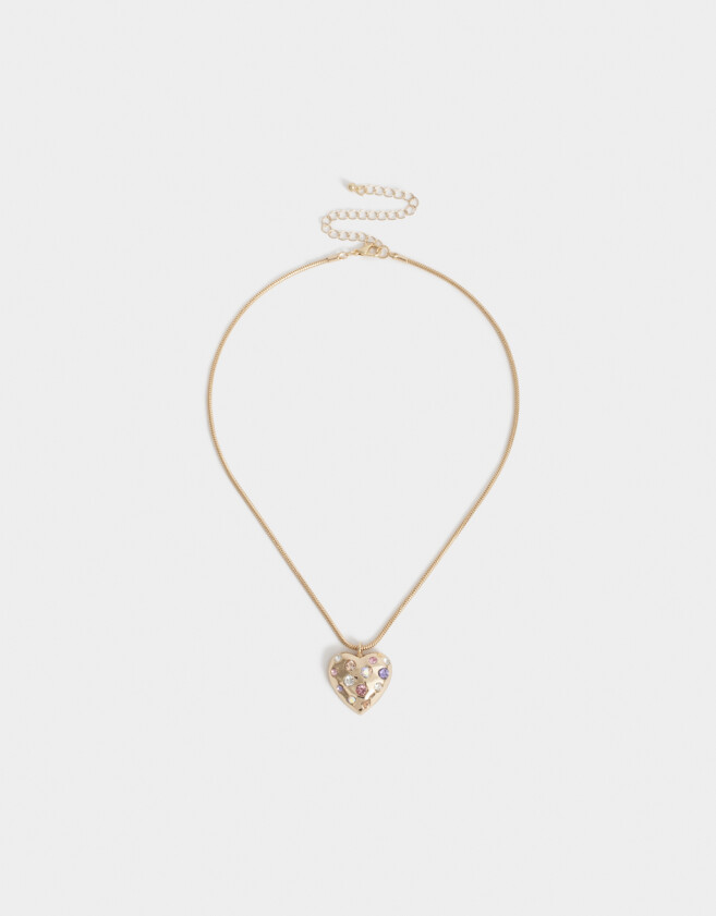 Cadena Corta con Dije Con corazón Collar Corto Con Strass Multicolor - Dorado