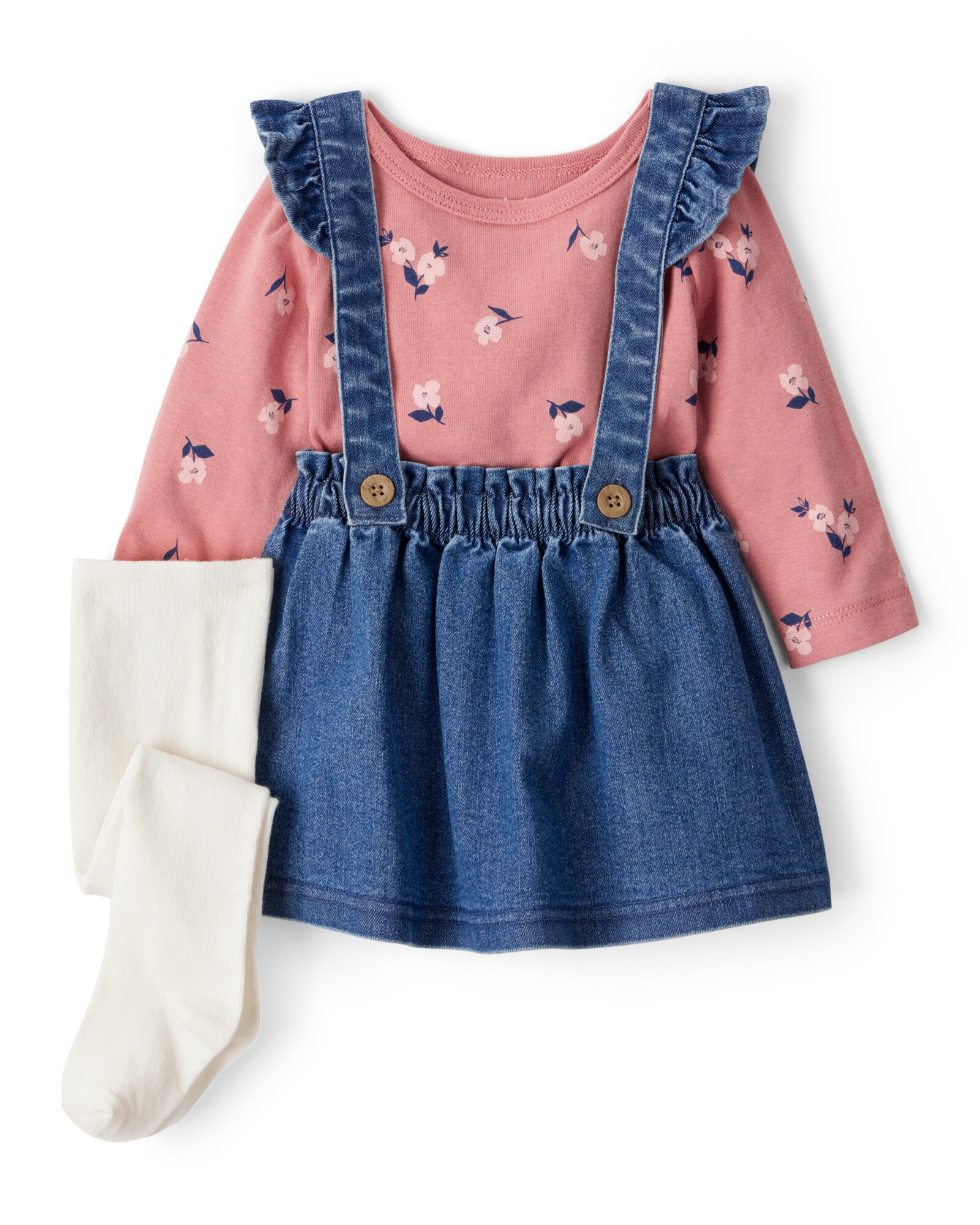 Set tres piezas, jumper jean, remera floral y medias Set tres piezas, jumper jean, remera floral y medias