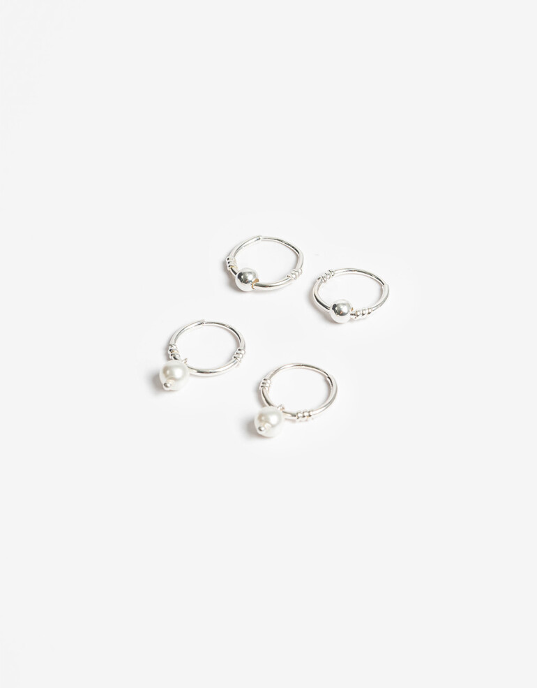 Aros Argollas Set Perla Set De Argollas Plata 925 Y Perla - Plateado