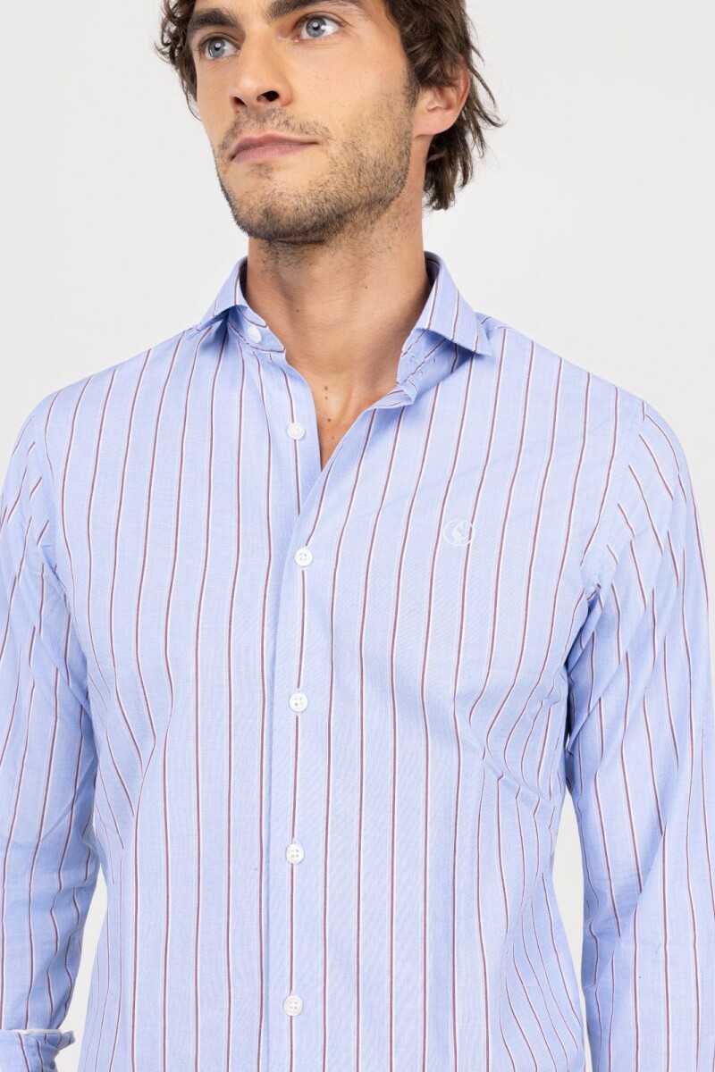 Camisa Popelín El Ganso Celeste Rayas Granate