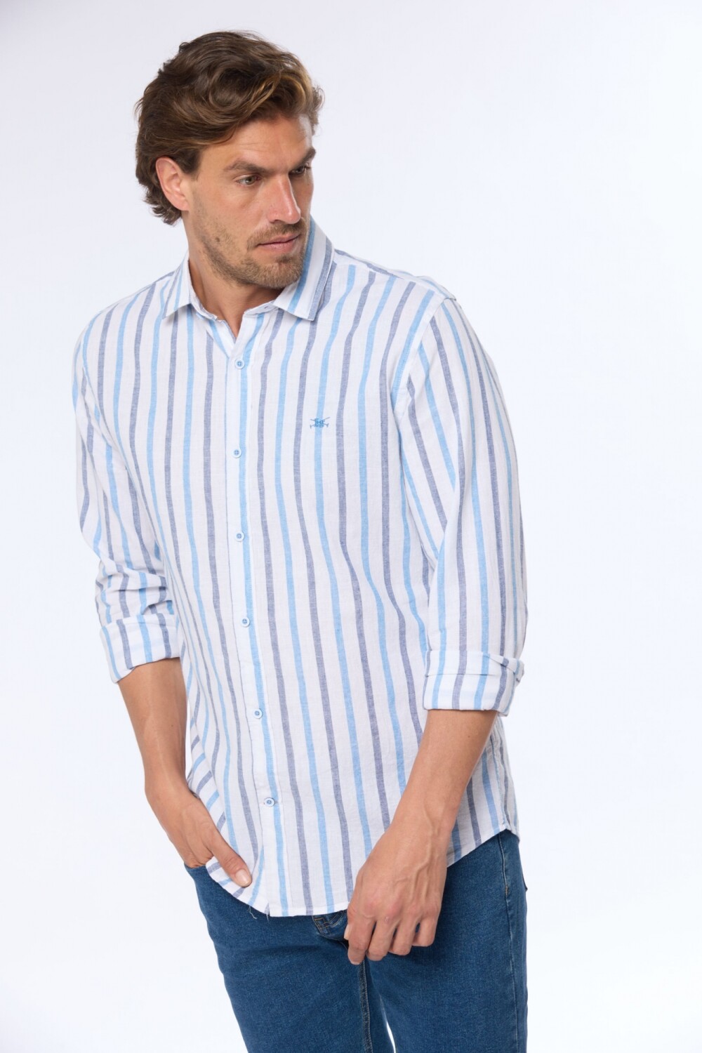 CAMISA DE LINO RAYADA Azul