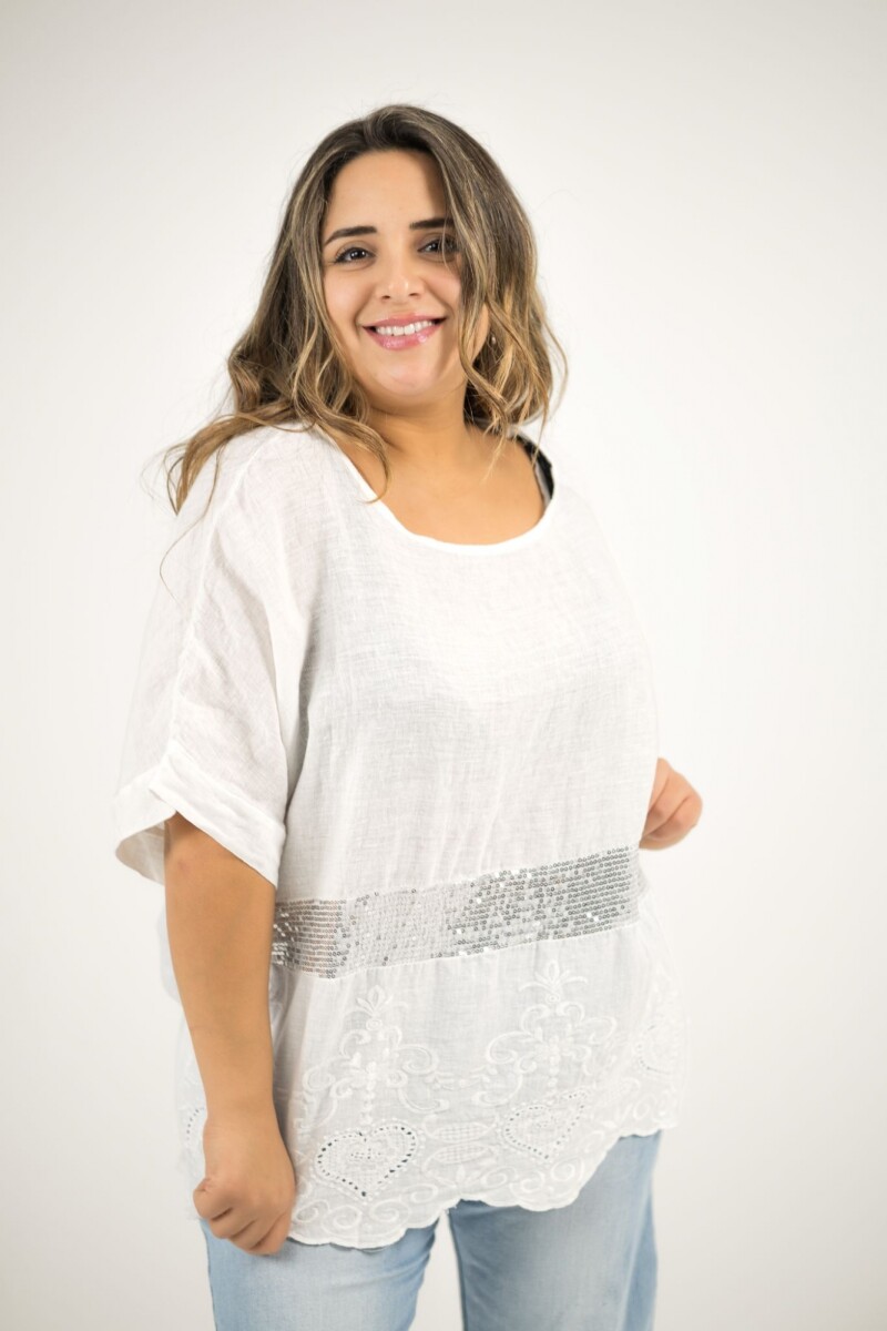 Blusa 100% lino con broderie y lentejuela - Blanca 