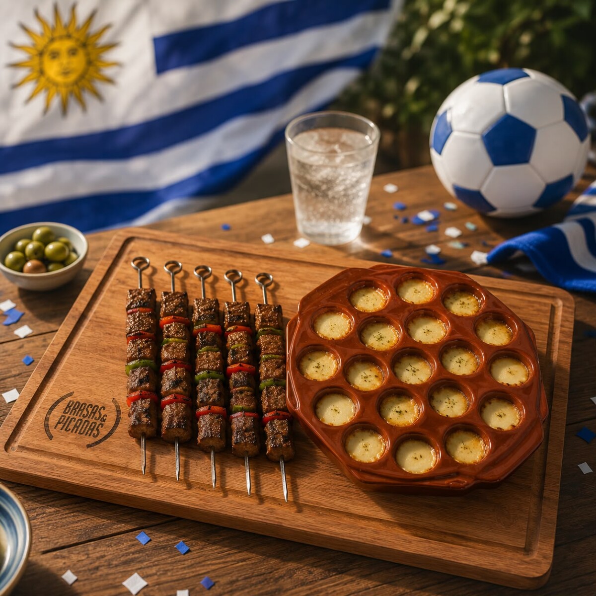 Combo Valverde Provolonera de Cerámica, Set 6 Pinchos para Brochetas y Tabla en Cedro 