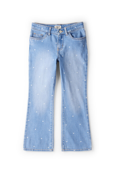 Pantalón jean, acampanado, diseño corazones Sin color