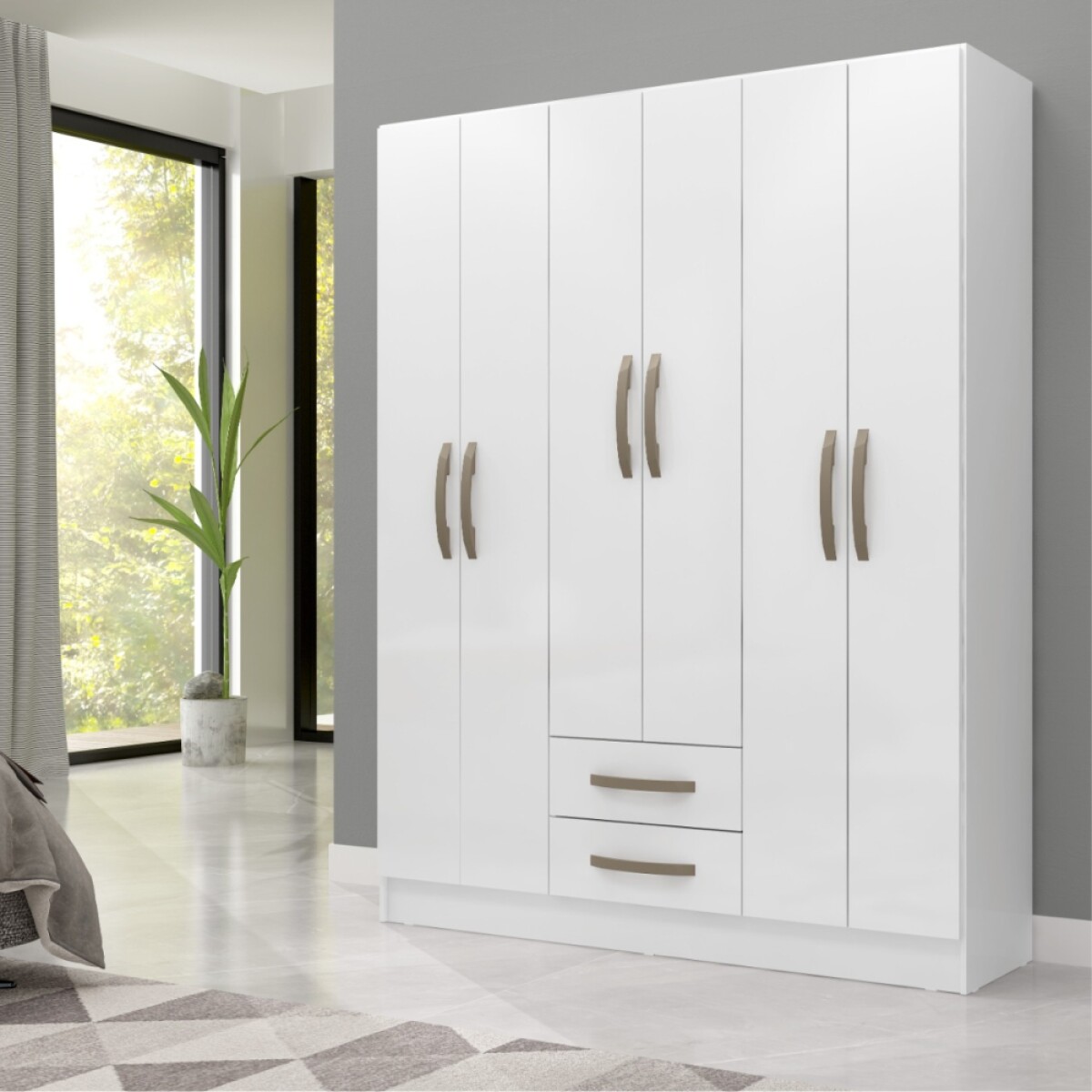 Ropero Armario 6 puertas 2 cajones con estantes y perchero interior natural 172X136X35 - Blanco 